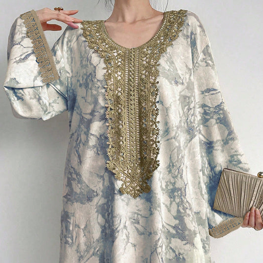 Women's Bohemian Embroidered Printed V-Neck Maxi Dress, Long Sleeve Loose Fit Casual Plus Size