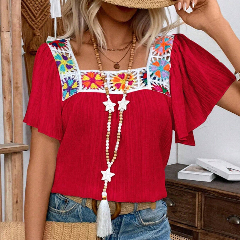 Women's Elegant Square Neck Crochet-Trimmed Geometric Floral Print Short Sleeve Shirt Casual Top