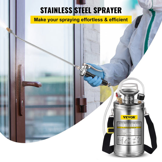VEVOR 1.5Gal Stainless Steel Sprayer, 3.3FT Reinforced Hose, Hand Sprayer With Pressure Gauge Safety Valve, Adjustable Nozzle Suitable For Gardening  Sanitizing