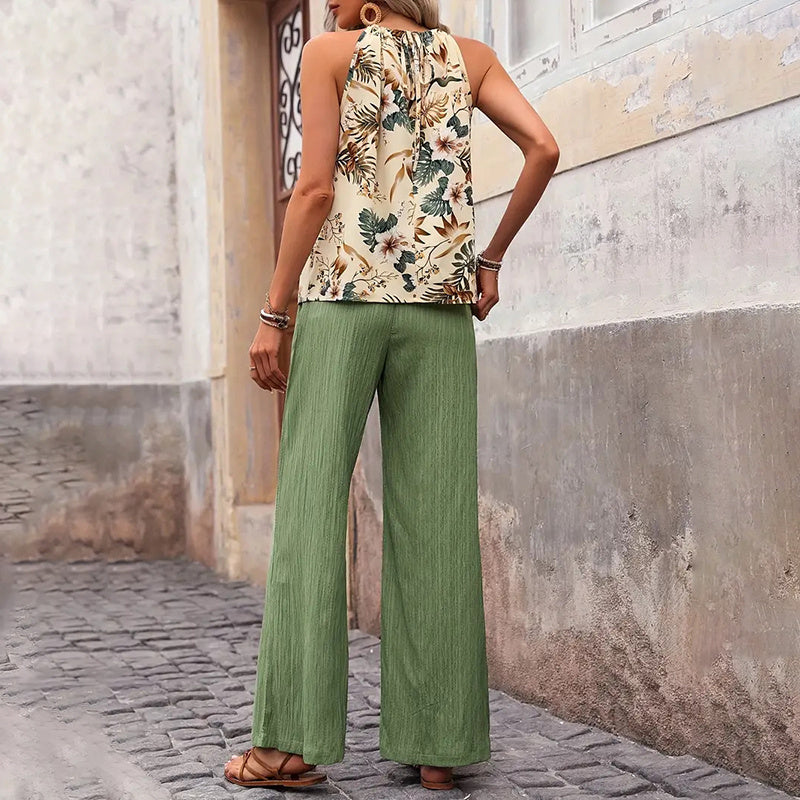 Women's 2 Piece Outfits Casual Sleeveless Halter Neck Crop Top Wide Leg Pants Set