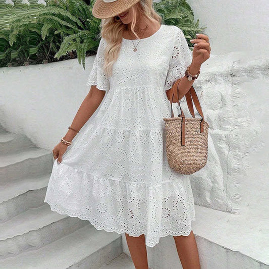 Women's Round Neck Embroidered Lace Short Sleeve A-Line Elegant Dress