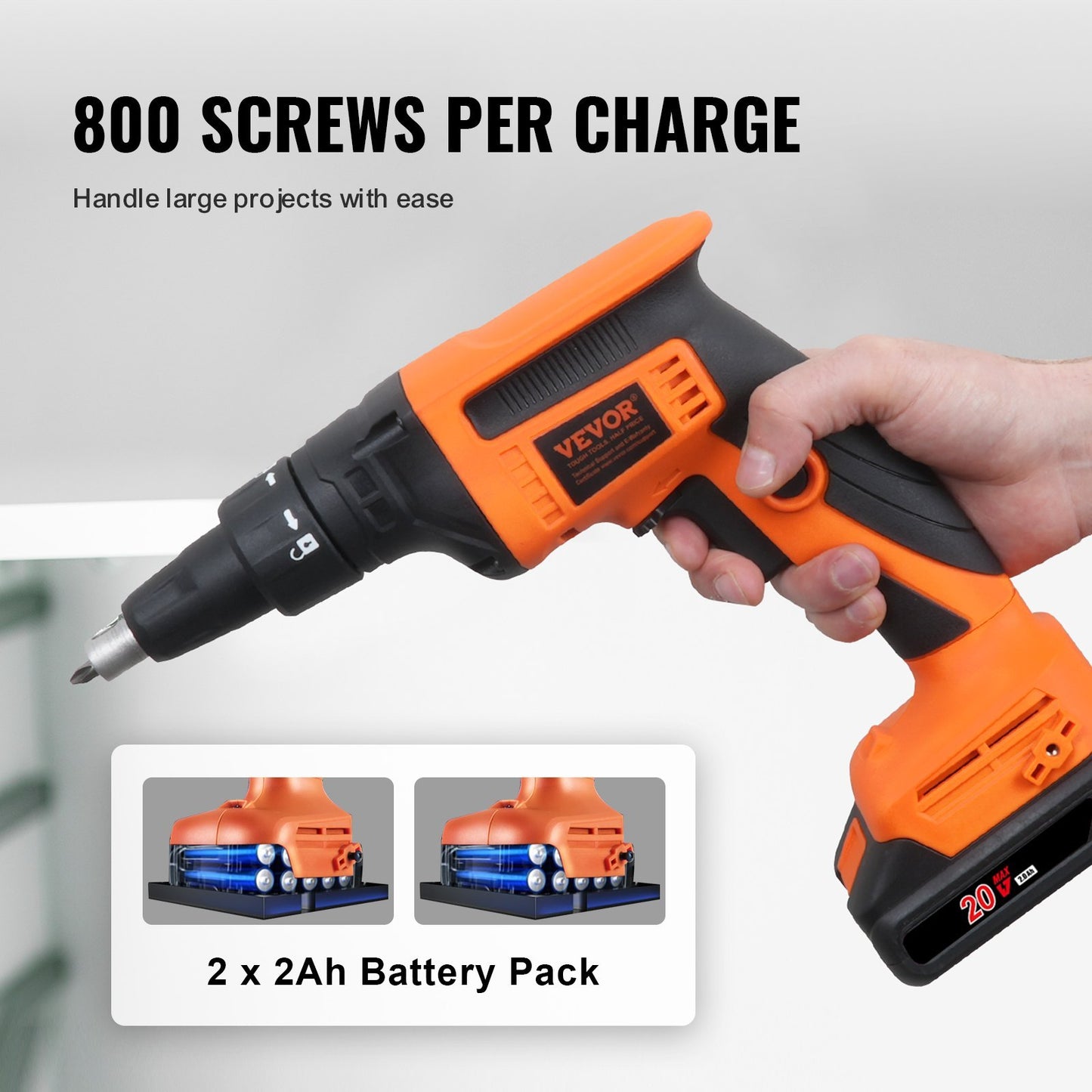 VEVOR Drywall Screw Gun, 20V Max Drywall Screwgun, 4200RPM Brushless Cordless Drywall Gun Kit With 2 Battery Packs, Charger, Belt Clip, And Tool Bag, Forward And Reverse Adjustable, Built-in LED Light