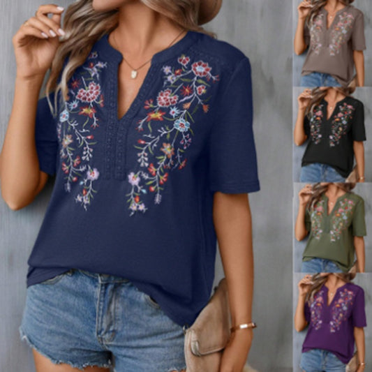 Women's Elegant V-Neck Floral Embroidery Lace Trim Short Sleeve Blouse Casual Top
