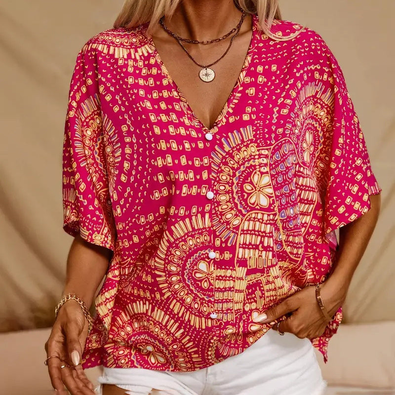 Women's V-Neck Mandala Print Blouse Short Batwing Sleeve Casual Vacation Top