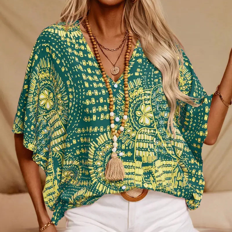 Women's V-Neck Mandala Print Blouse Short Batwing Sleeve Casual Vacation Top