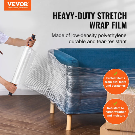 VEVOR Stretch Film, 15 InchesX1000 Feet, 3 Pack, 60 Gauge Industrial Strength Clear Durable Stretch Wrap Roll, Heavy Duty Shrink Film Stretch Wrap With Handles For Pallet Wrapping Shipping Moving