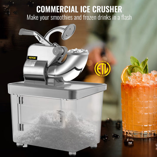 VEVOR 110V Commercial Ice Crusher , ETL Approved 300W Electric Snow Cone Machine With Dual Blades, Stainless Steel Shaved Ice Machine With Safety