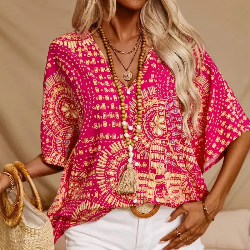 Women's V-Neck Mandala Print Blouse Short Batwing Sleeve Casual Vacation Top