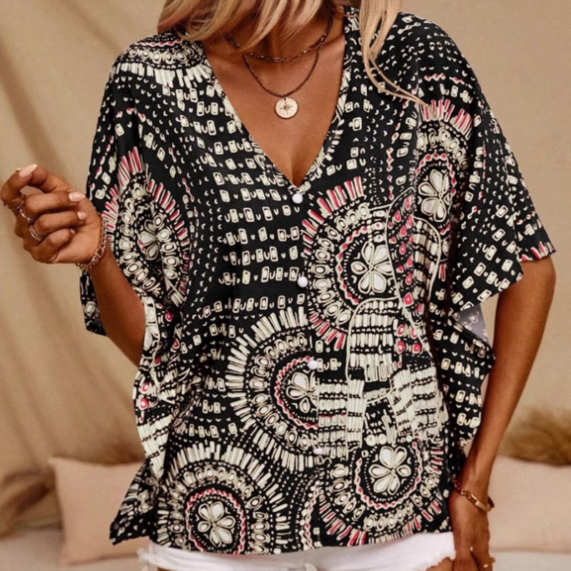 Women's V-Neck Mandala Print Blouse Short Batwing Sleeve Casual Vacation Top