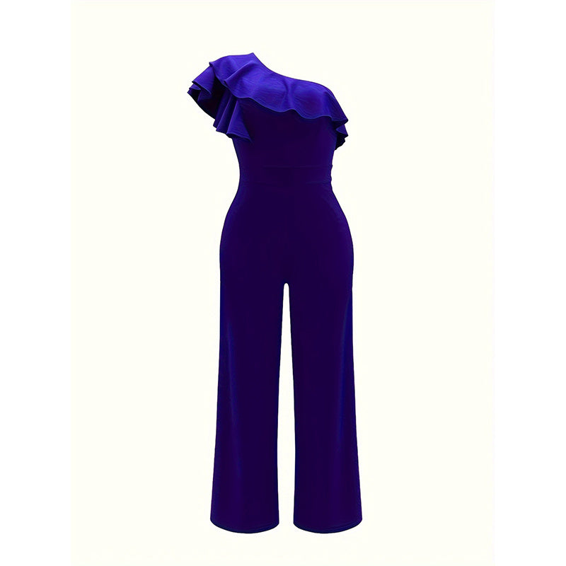 Women Dressy Jumpsuits Sleeveless Ruffle One Shoulder Casual Wide Leg Pants Romper