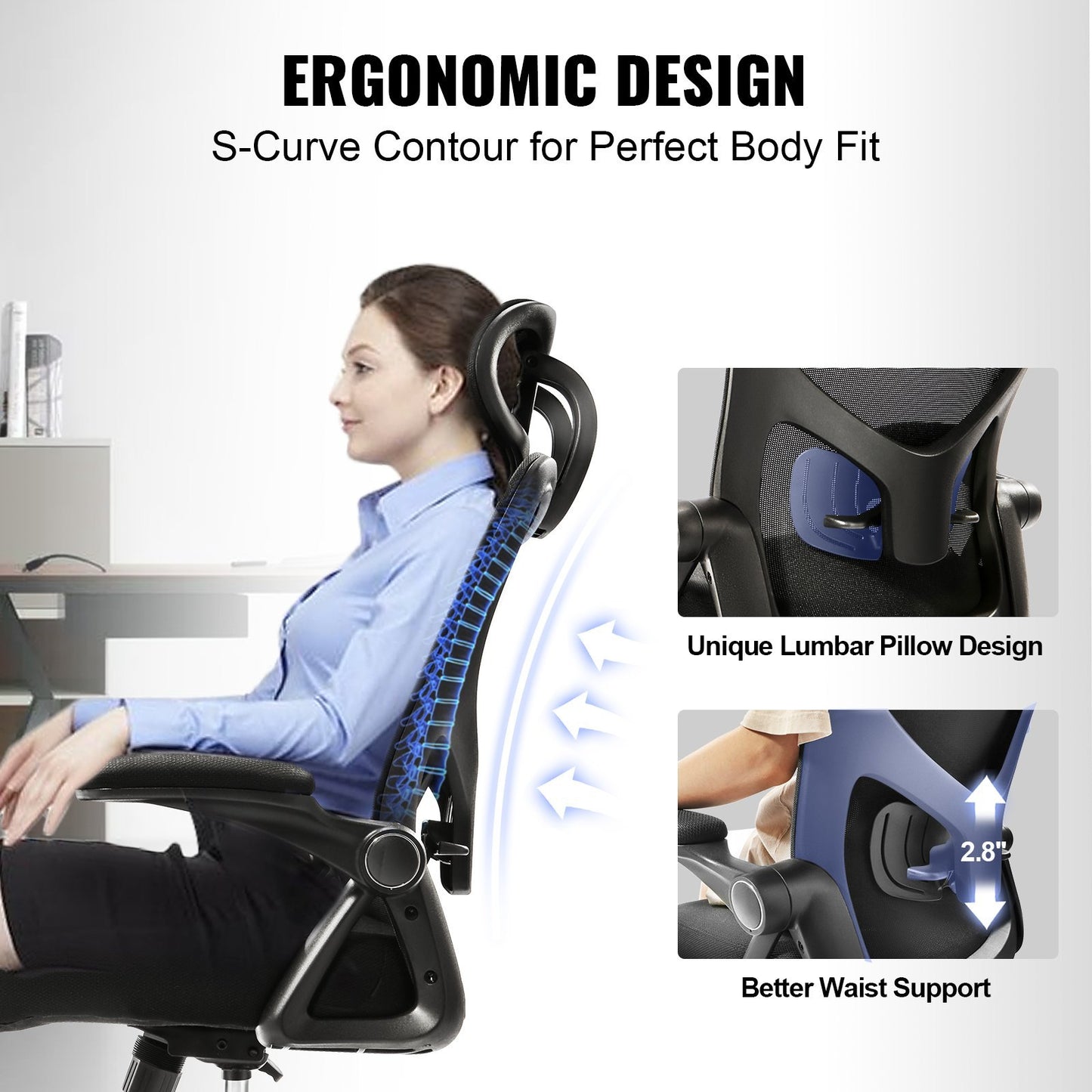 VEVOR Office Chair With Adjustable Lumbar Support, High Back Ergonomic Desk Chair With Adjustable Headrest, Ergonomic Office Chair Backrest With 2D Armrest, Computer Chair For Home, Office