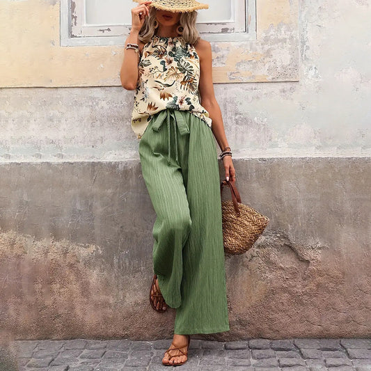 Women's 2 Piece Outfits Casual Sleeveless Halter Neck Crop Top Wide Leg Pants Set