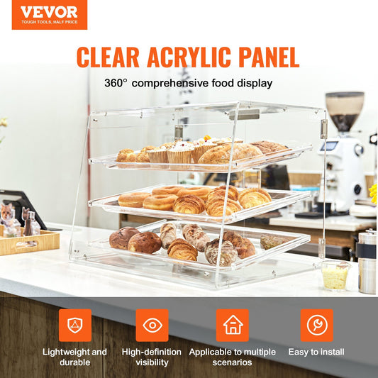 VEVOR Pastry Display Case, 3-Tier Commercial Countertop Bakery Display Case, Acrylic Display Box With Rear Door Access   Removable Shelves,