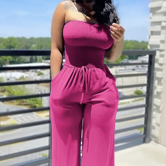 Elegant Jumpsuit Solid Color Strapless Top Straight Leg Pants Sleeveless Loose Pants