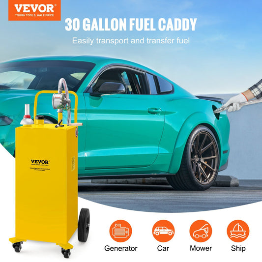 VEVOR 30 Gallon Fuel Caddy, Gas Storage Tank  4 Wheels, With Manual Transfer Pump, Gasoline Diesel Fuel Container For Cars, Lawn Mowers, ATVs, Boats, More, Yellow