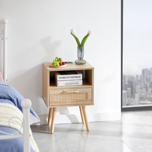 15.75  Rattan End Table With Power Outlet, USB Ports, Drawer   Solid Wood