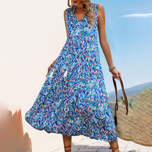 Women's Bohemian Sleeveless Tassel Tie-Dye Maxi Dress Casual Sundress
