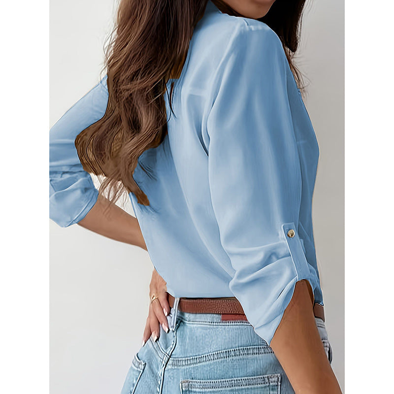 Button Down Shirts V Neck Rolled Up Long Sleeve Top Elegant Dressy Blouse