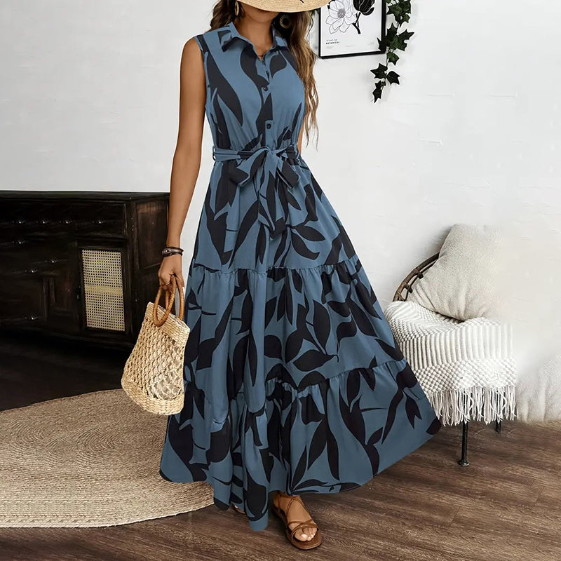 Sleeveless Boho Floral Maxi Dress Summer Button Shirt V Neck Flowy Belted Dresses