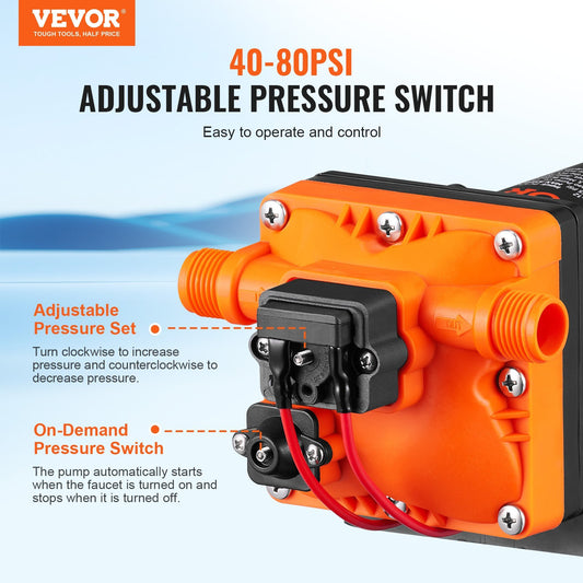 VEVOR Water DiaphragmPump, 12V DC, 3.5 GPM Flow, 55 PSI Rated Pressure 40-80 PSI Adjustable MNPT Self Priming SprayerPump With PressureSwitch For RV Camper Marine Boat Lawn, FCC Certified